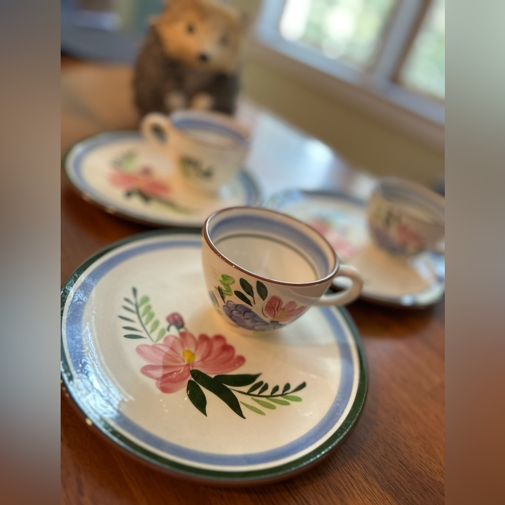 Floral Stoneware Tea party Set—Vintage Tea Cups + Plates Bundle | Stangl Pottery - Picture 3 of 6